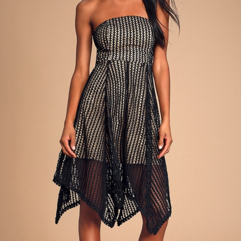 Lenaya Black Crochet Lace Strapless Midi Dress